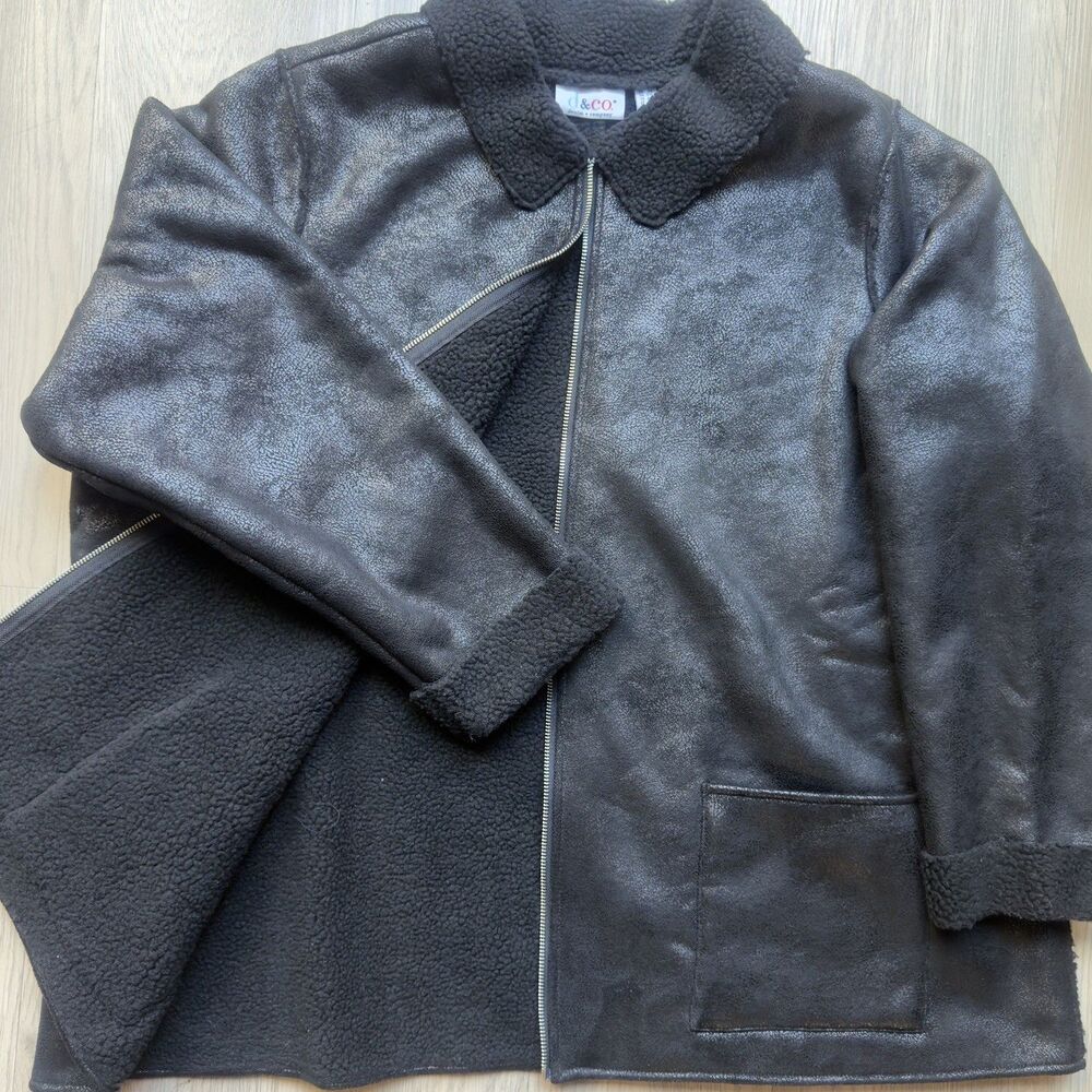 Denim & Co Jacket Coat Womens 2X Black Faux Suede Sherpa Lined Zip Teddy Fleece